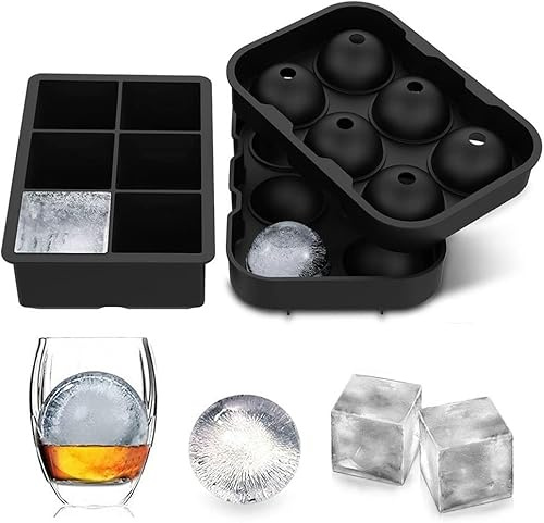 Stark Home Pack of 2 Black Square & Round Silicone Ice Cube Trays, Reusable Ice Trays, BPA Safe Large Ice Cube Moulds for Whiskey, Cocktails, and Party Drinks