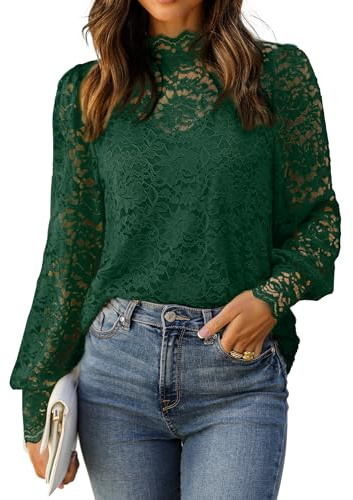 HOTOUCH St. Patrick's Day Lace Long Sleeve Tops for Women Dressy Casual Blouse Holiday Party Tops Mock Neck Formal Elegant Shirts 2026 Trendy Green M