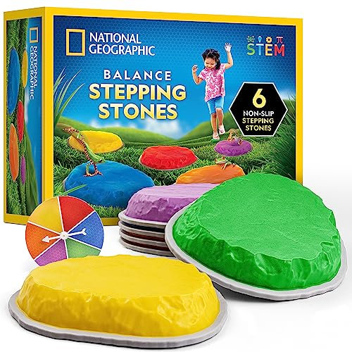 Blue Marble NATIONAL GEOGRAPHIC 6 Durable Non-Slip Stepping Stones - Kids Balance & Motor Skills, Indoor & Outdoor Toys, Obstacle Course (Amazon Exclusive, 3+ Years, 6 Stones, Spinner Wheel)