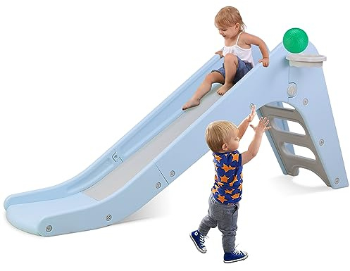 Arlopu Toddler Slide, Baby Indoor Foldable Slide with Basketball Hoop & Ball, 63 Extra Long Slope, Non-Slip Steps, Sturdy Plastic Outdoor Climber Playset for Boys and Girls (Sky Blue)