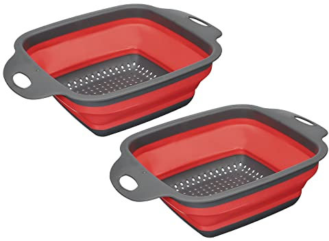 sourcing map Collapsible Colander Set, 2 Pcs Silicone Square Foldable Strainer with Handle Space Saving Suitable for Pasta, Vegetables, Fruits - Red Large