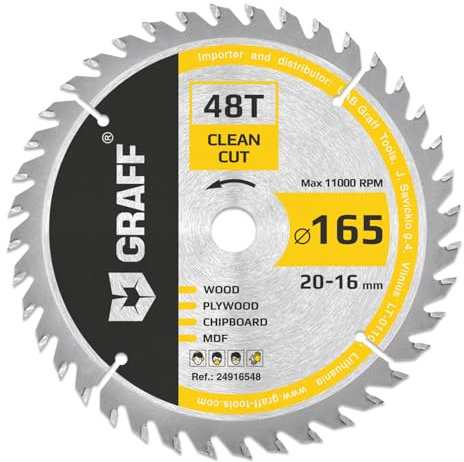GRAFF 165mm x 20mm x 48 Denti (adattatore da 16 mm) Lama per Sega Circolare per Legno (fine) - Lama per Sega 165 per tagli rapidi di legno tenero e duro - Compatibile con lama per sega Makita e Bosch