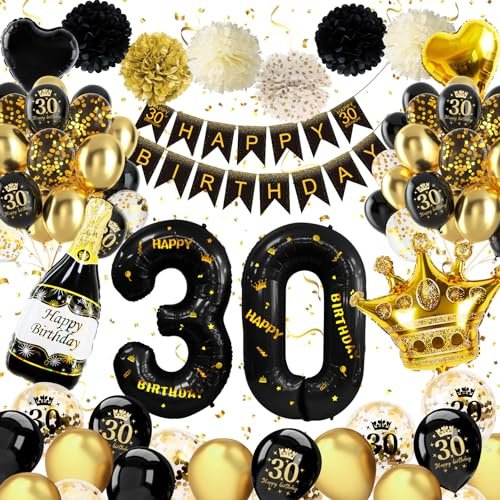 Födelsedagsdekoration för män, 30 år gammal man kvinna, svart guld ballong 30 år, glad banderoll