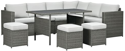 Outsunny 7 Piece Rattan Outdoor Patio Furniture Set, L-Shaped Sectional Sofa Conversation Set with Loveseats, Ottomans, Dining Table, Cushions, Storage, Mixed Gray