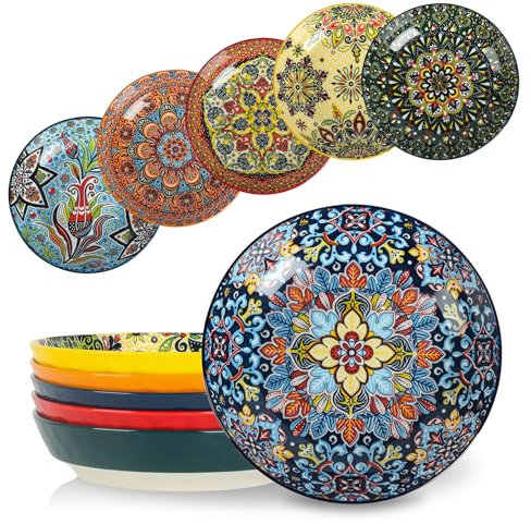 KitchenTour Pasta Bowls Set of 6-30 oz Large Wide & Shallow Serving Bowl, Colorful Ceramic Salad Bowls for Everyday Dining - 8.2 Inch, Microwave and Dishwasher Safe, Bohemian Style