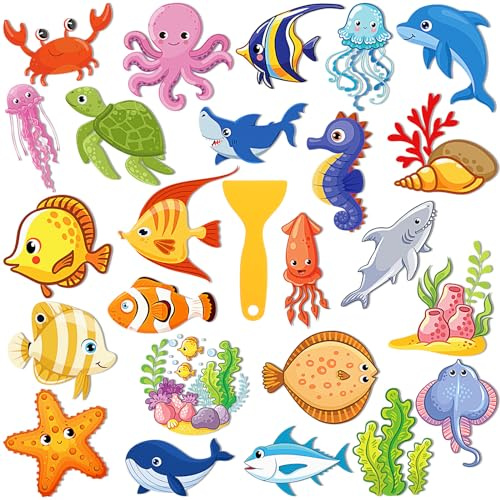 24 Pcs Non Slip Bathtub Stickers Large Sea Adhesive Sea Animal Kids Anti Slip Decal Threads Adorable Bathroom Stickers with Scraper Sea Creature Shower Stickers for Shower Bath Tub Slippery Floor