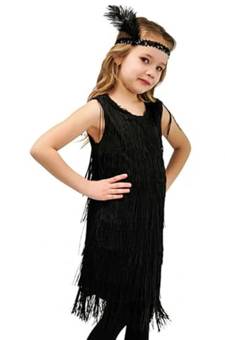 Girls Sequin Dress Fringe Dress Latin Dance Dress for Girls Ballroom Dancing Dresses Crew Neck Kids Dance Costumes with Feather Headband 1920s Sparkly Skirt Party Dancewear