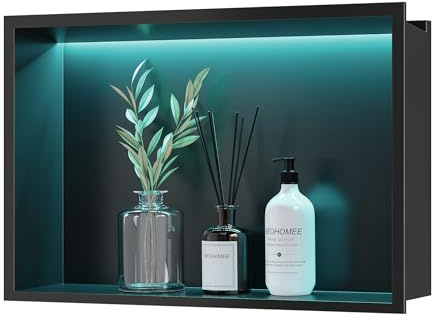 Neohomee Nicho de pared de acero inoxidable con luz LED RGB, nicho de ducha empotrado, color negro, estante individual con control remoto para baño, 45 x 30 cm