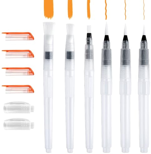 6 Stück Wasserpinsel Stifte Aquarell Set Watercolor Brush Pen mit Befüllbarer Wassertank Point Pinsel mit Tank Auffüllbarer Aquarellpinsel mit Wasser Reservoir für Malerei Blending Kalligraphie