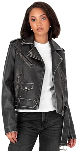 Lovedrobe Women's Biker Jacket Ladies Faux Leather Motorcycle Long Sleeve Distressed Asymmetric Zip Stud Belt Pocket Casual Coat, Schwarz 38