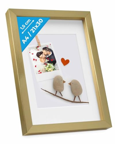 PHOTOLINI 3D Bilderrahmen zum Befüllen 21x30 A4 Gold, 1,5 cm tiefer Objektrahmen mit Glas, tiefer Bilderrahmen A4 21x30 Holz MDF mit Passepartout, Dicker 3D Rahmen befüllbar für Gegenstände Geschenk