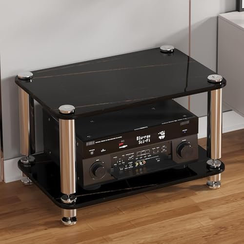 LYXWGRZD 4-stufiger Audio Rack HiFi Regal, HiFi Rack mit reichlich Stauraum, Plattenspieler Regal, gehärtetes Glas, Phonoschrank mit stoßdämpfenden Fußspikes, starke Tragfähigkeit(Nero,38cm/14.9in)