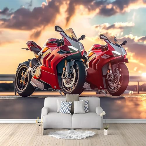 Papier Peint Intissé Sport Moto Rouge 200x140 cm Papier Peint Panoramique Moderne, Tableaux Muraux Tapisserie Photo, Papier Peint Mural pour Salon, Chambre, Fond Décor TV