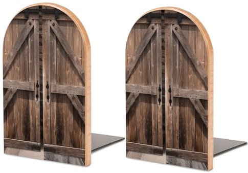 Buchstützen aus Buchenholz und Eisen, Vintage-Holz-Scheunentür-Druck, verstellbare Buchstützen, platzsparende Buchhalter für moderne Heim- und Bürodekoration