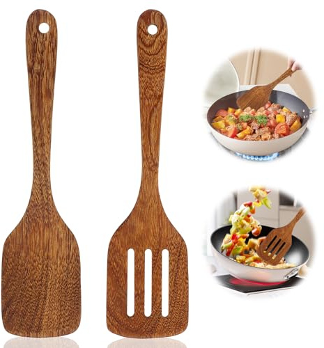 Juego de 2 espátulas de madera de acacia y ranuradas, utensilios de cocina madera, espatula cocina cuchara madera, utensilios cocina madera para cocinar, freír y hornear