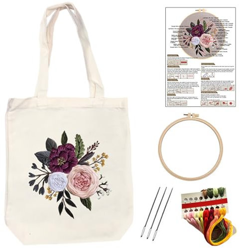 Limtula Nähset, Tasche mit Tragegriff und Blumenmuster, handgefertigte Leinentasche, Stickerei-Starter-Set für Damen