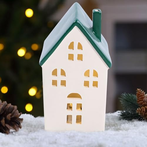 Xevinas Weihnachtsdeko Weihnachtsdorf Beleuchtet, Porzellan Häuser Weiß Deko Weihnachten Innen, LED Lichthaus Weihnachtsbäume Weihnachten Deko Weihnachtsdorf Häuser Lichthäuser Keramik (A)