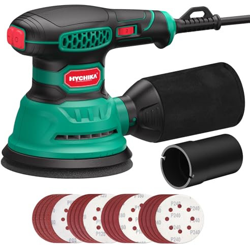 HYCHIKA Levigatrice Orbitale, 300W 12000OPM Levigatrice per Legno, 6 Velocità, con 16 Pezzi Dischi Abrasivi 125, Con Funzione di Frenata Rapida per Levigare e Lucidare il Legno