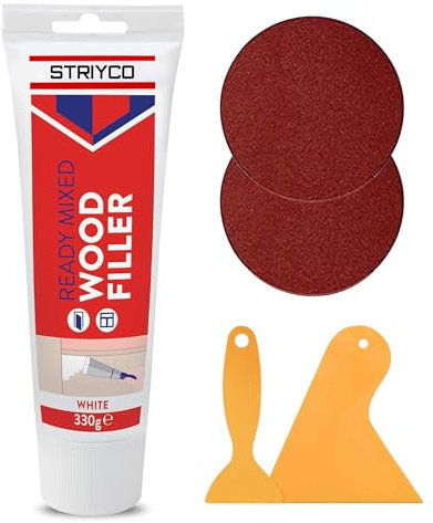 White Wood Filler Set – 330g Tube with 2 Spreaders & 2 Sandpapers – Multipurpose Ready-Mixed Filler for Interior & Exterior Wood, Furniture, and Hardwood Repair