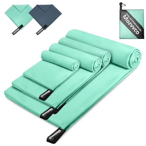 Mozvvco Set di 4 Asciugamano Microfibra,200x100cm+2 Pezzi 80x40cm+40x30cm Asciugamano Palestra Assorbente e Leggero per Fitness Nuoto,Telo Mare Microfibra Grande,Asciugamani Spiaggia(Verde Menta)