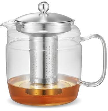 Teiera in Vetro da 1,8 l, Grande Capacità con Filtro, Realizzata in Vetro Borosilicato, Resistente al Calore, Filtro e Coperchio in Acciaio Inox, Adatta per Tè Sfuso, Tè Profumato e Infusi Alla Frutta