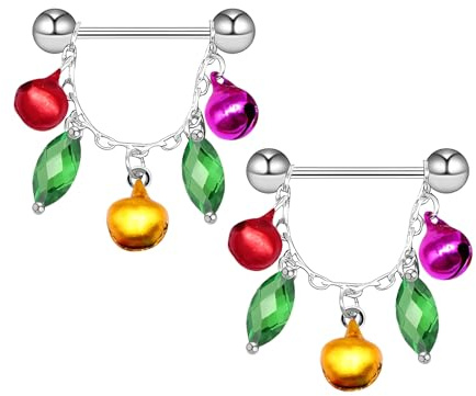14G Quaste Jingle Bell Nipplerings Barbells für Frauen - Chirurgenstahl Festlicher Körperschmuck mit Rot Grün Rosa Akzenten Hypoallergen Nippel Shield Ringe Piercing Geschenk
