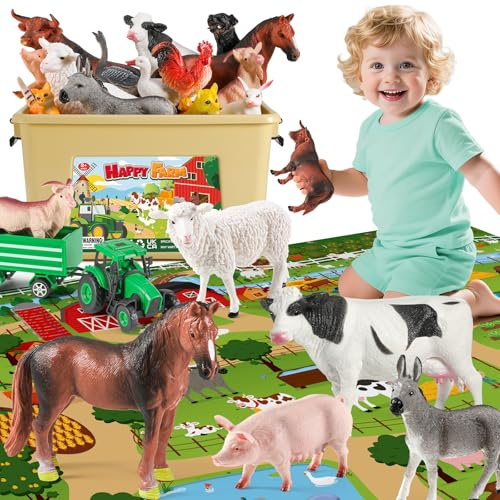 FRUSE Animaux de la Ferme avec Grand Tapis de Jeu 120 x 80 cm,38 pièces Animaux Jouet avec Figurine AnimauxFerme, Jouets Tracteur Enfant,Jouets Éducatifs Cadeaux pour Enfant Fille Garçons 3 4 5 Ans