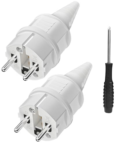 Schuko Stecker mit Knickschutz [2 Stücke], 2 X Gummi Schutzkontaktstecker (250V/16A) +1 X Schraubendreher, Steckdosenstecker Stecker Aussen, Stromstecker IP44 Wasserdicht für Außenbereich, Weiß
