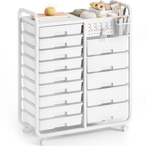 KINGRACK Meuble à roulettes avec 14 tiroirs, plan de travail, tableau perforé, panier suspendu et 4 crochets - Armoire à tiroirs idéale pour les bureaux, les appartements, les écoles, les salles de