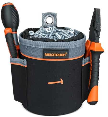 MELOTOUGH Mini Nail and Screw Pouch with Drawstring Closure | 5.25x5.25x6 Inch Clip-On Tool Pouch, Belt Pouch for Carpenters & Electricians | Open Side Pockets | Durable 600D Nylon Work Pouch, Black