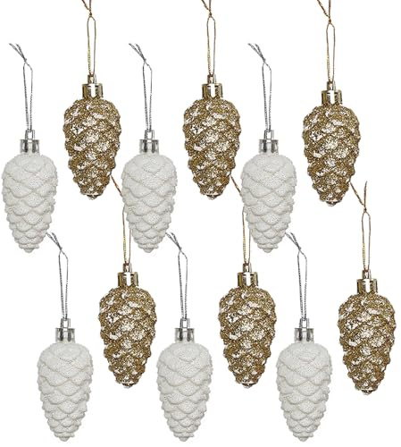 HERZWILD 12pcs Christbaumschmuck Zapfen zum Aufhängen Kunststoff Deko Tannenzapfen Anhänger für den Weihnachtsbaum (weiß Gold -A)