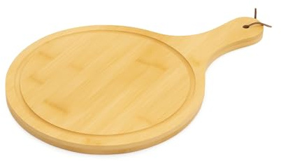 Genérico Tabla de pizza de madera para cortar y servir aperitivos.Plato para pizza grande 43cm – Bandeja redonda con mango de bambú natural – Ideal para quesos, embutidos, pizza o pan.