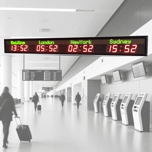 CAOJS Orologio Mondiale con 4 fusi orari, Orologi mondiali elettronici da Parete per Interni con Città Personalizzabili, Regolazione della luminosità, fusi orari Multipli, per scuole/Hotel/aeroporti