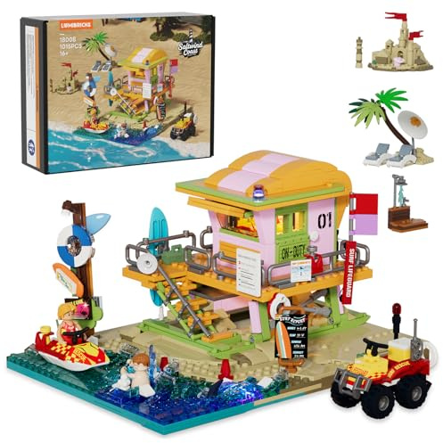 Lumibricks Beach Lifeguard Tower Building Blocks Set, 1015 Pcs Miami Beach Scene with 6 LED Lights, 2-in-1 Lifeguard Watchtower & Sandcastle Mode,Modular Coastal Display for Adults, Collectible Gift