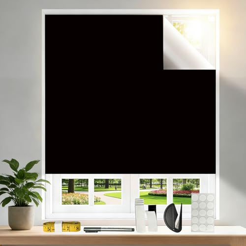 Quintrost Verdunklungsrollo ohne Bohren 300x145 cm, Tragbare DIY Verdunkelungsrollo 100% Fenster Verdunkelung Rollo, Verdunklungsfolie für Schlafzimmer Kinderzimmer Wohnmobil Dachschräge Fenster