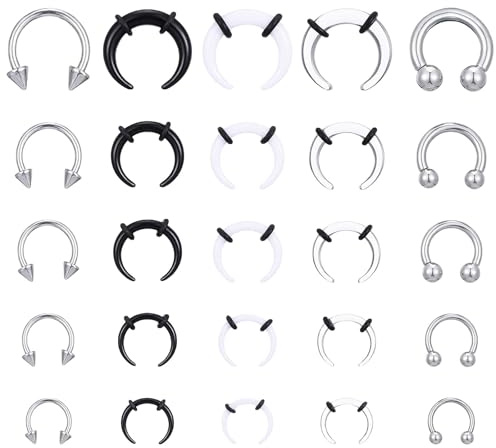 Yolev 25 Stück Acryl Pincher Tapers, Hufeisen Piercing Septum Ring aus Acryl und Edelstahl, 16g-6g, C-Form, Nasenringe, Ohrknorpel-Dehnstäbe zum Dehnen Ohrknorpel Nasenpiercing Helix Circular Barbell
