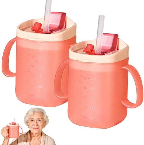 XEERUN 2PCS Elderly Spill Proof Cups, 280ML Unspillable Cup with 2 Handles，Elderly Drinking Cup with Lid and Straw, Adult Feeding Cup with Accurate Scale for Patients, Disabled, Elderly, Pink