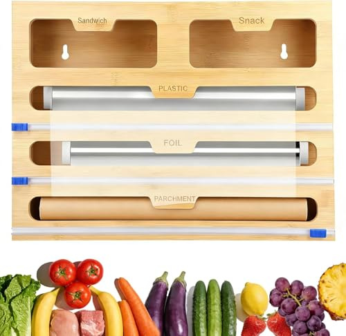 Cling Film Dispenser and Cutter, 5-in-1 Tin Foil Dispenser and Cutter 40cm Kitchen Roll Foil Organiser Storage for Aluminum Foil Cling Film Wax Paper