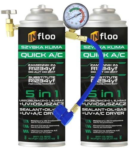 2x INfloo Quick A/C 5en1 – (Gas R1234yf + Aceite + Sellador + Tinte UV + Deshidratante) + Manguera con manómetro + Guantes