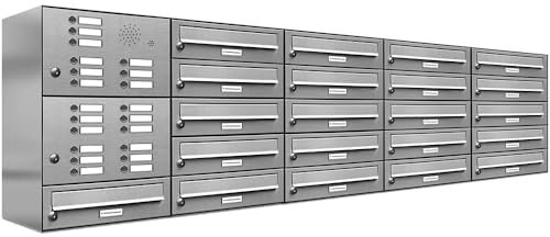 AL Briefkastensysteme 21er Briefkastenanlage mit Klingel, V2A Edelstahl, Premium Briefkasten DIN A4, 21 Fach Postkasten modern Aufputz