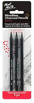 Mont Marte Kohlestifte Set – 3 Stück – Zeichenkohle in Schwarz mit verschiedenen Härtegraden – Ideale Kohlestifte für beeindruckende Zeichnungen