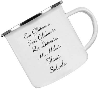Crealuxe Emaille Tasse bedruckt 'Ein Glühwein, swei glühwein', Becher mit Name und Spruch, Camping Tasse