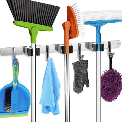Homely Center Mop and Broom Holder Wall Mount – Heavy-Duty Closet Organizer for Garage, Kitchen, Laundry Organization – Tool Hanger with 3 racks and 4 hooks