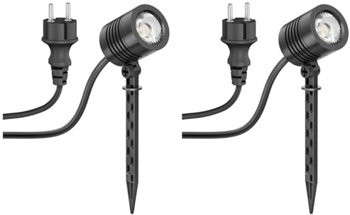 ledscom.de 2 st Liten LED-trädgårdsstrålkastare med jordspett TARL för utomhusbruk, IP65, stickpropp, svart, 4,1 W, 351lm, kallvit
