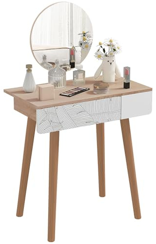 HOMCOM Postazione Trucco con Specchio Circolare Ф39cm, Toeletta Trucco con Cassetto con Decorazione Jungle, 70x39x119-128cm, Bianco e Rovere