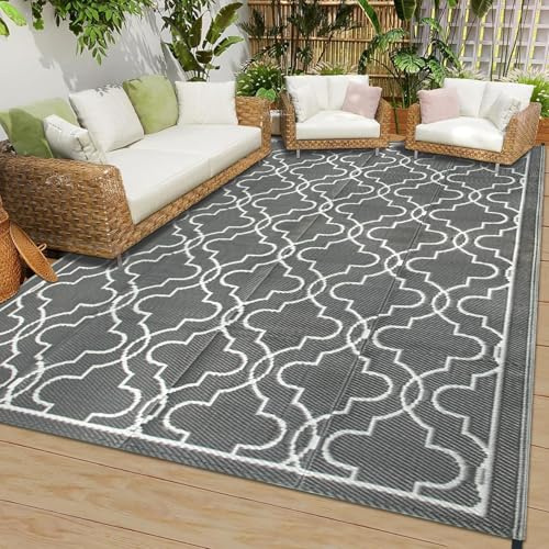 Cekene Outdoor Rug Waterproof 120x180cm Grey Garden Rugs Reversible Easy to Clean Plastic RV Camping Mat Area Floor Carpet for Backyard Picnic Trailer Deck Picnic BBQ