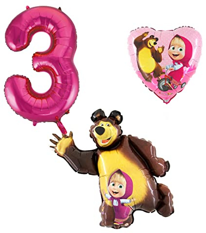 3er Set Mascha und der Bär Folienballons - Zahlenballon 3 pink - Happy Birthday Luftballons - Helium Luftgeeignet