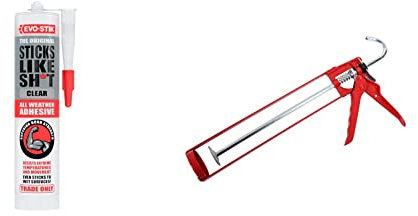 EVO-STIK Sticks Like Sh*t Adhesive, All Weather, Extreme Temperature & Movement Resistant, Clear, 290ml & ProDec 400ml Extra Strong Skeleton Caulking Gun for Applying Sealants and Caulk