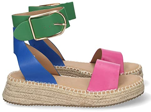 66542-Sandalia Plana Mujer Estilo Casual, con Yute, Pala Fina, Talon Abierto y Cierre de Pulsera con Hebilla en el Tobillo. Primavera Verano 2020. Talla 36 Fucsia