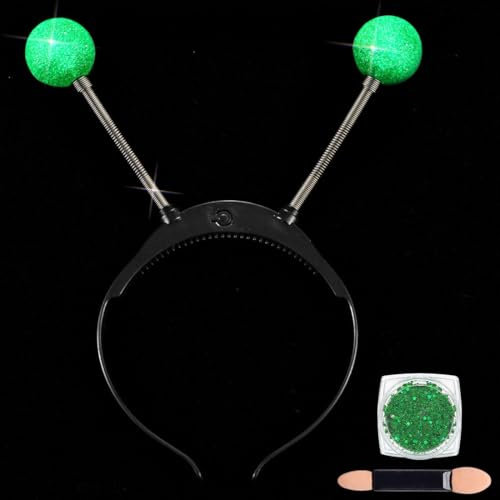 Meleager Alien Haarreif Grün, Alien Kopfschmuck Leucht, Farbfolie Alien Fühler Stirnband, LED Alien Kostüm Accessoires Erwachsene Kinder, für Karneval Halloween Fasching Cosplay